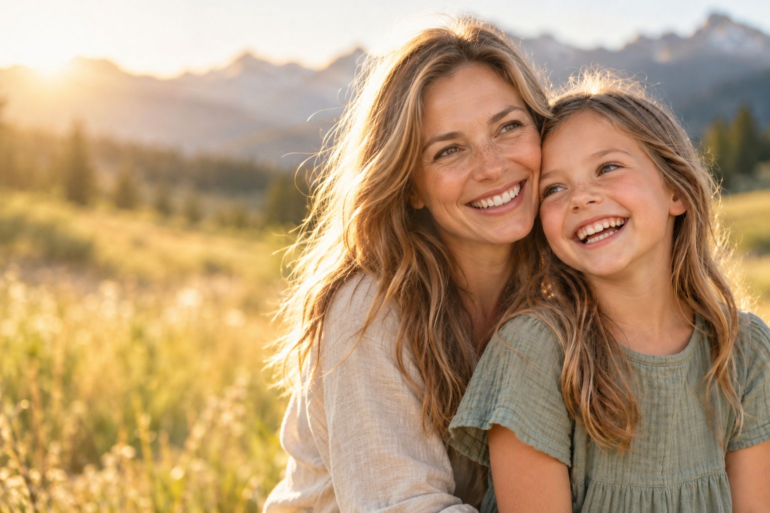 A mother and her young daughter laughing cheek to cheek in a sunlit Colorado meadow, mountains behind them