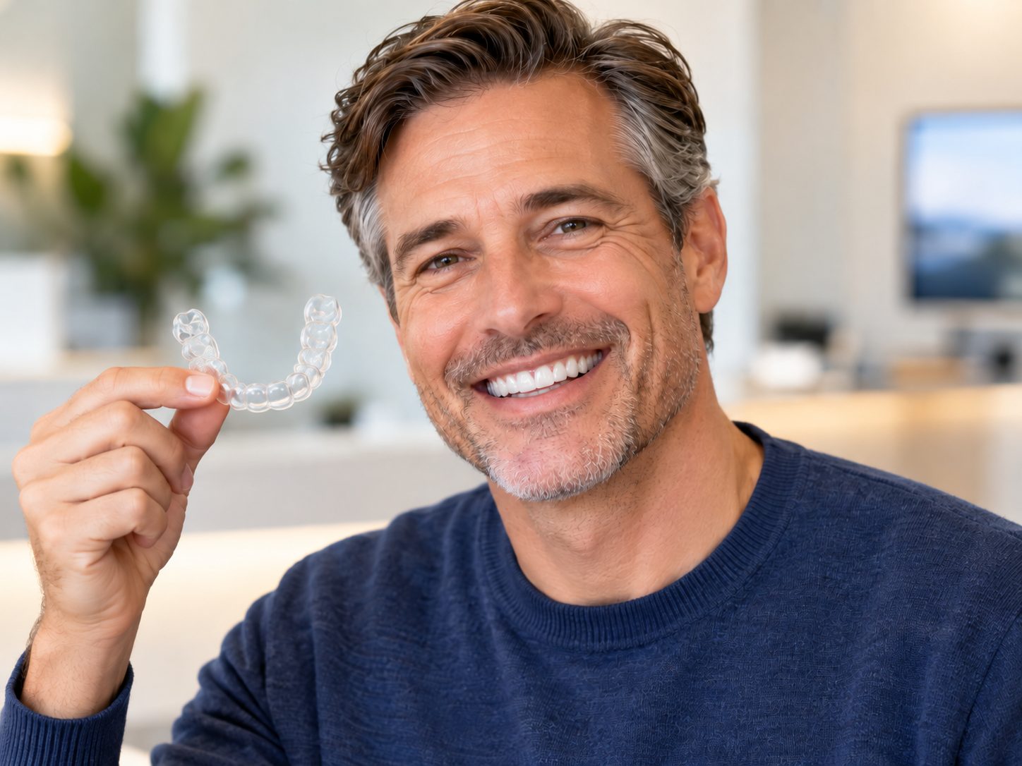 A smiling man holding up a clear aligner.