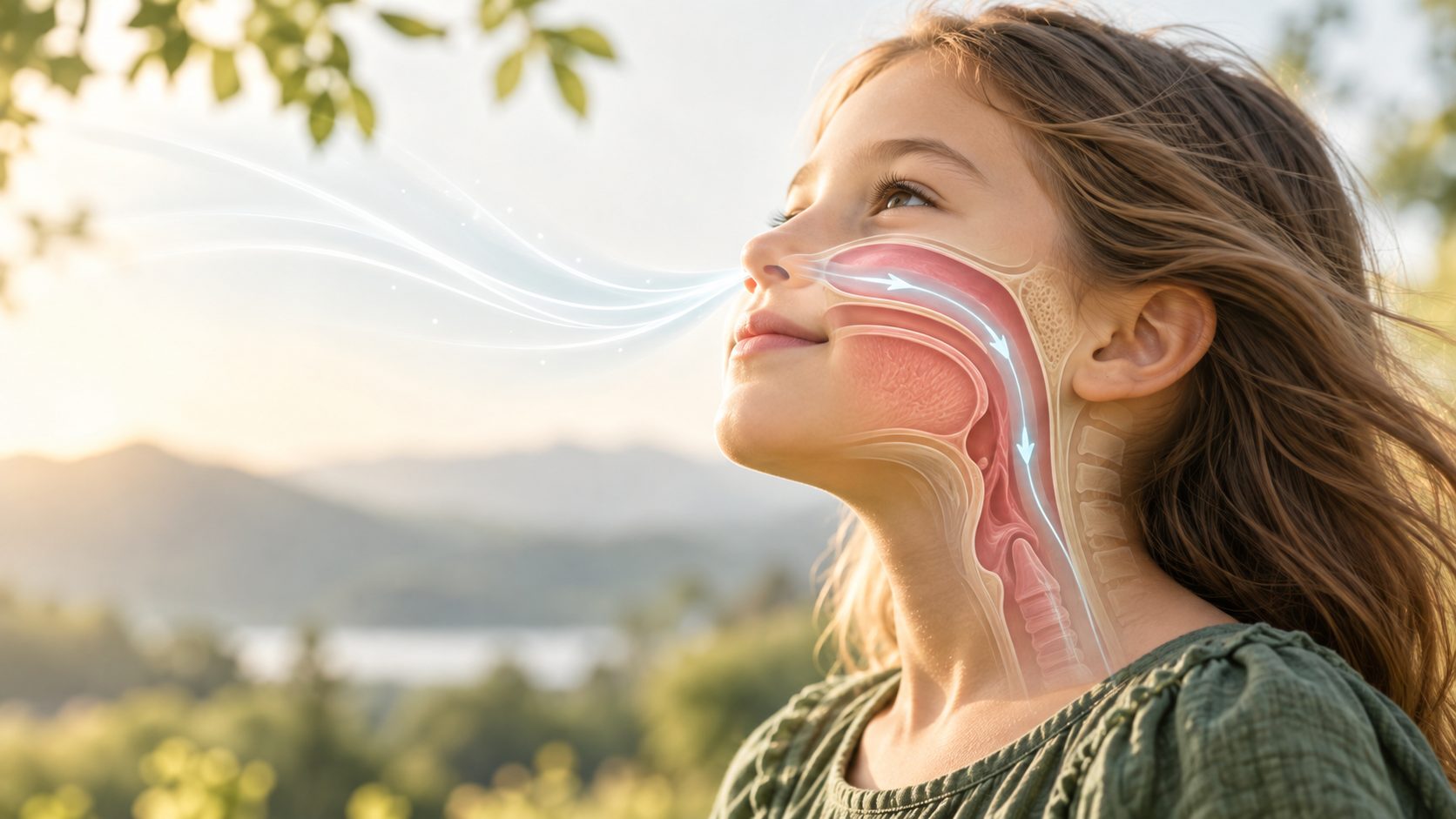 Illustration of a girl breathing in through her nose, with her nasal airway drawn in cutaway.
