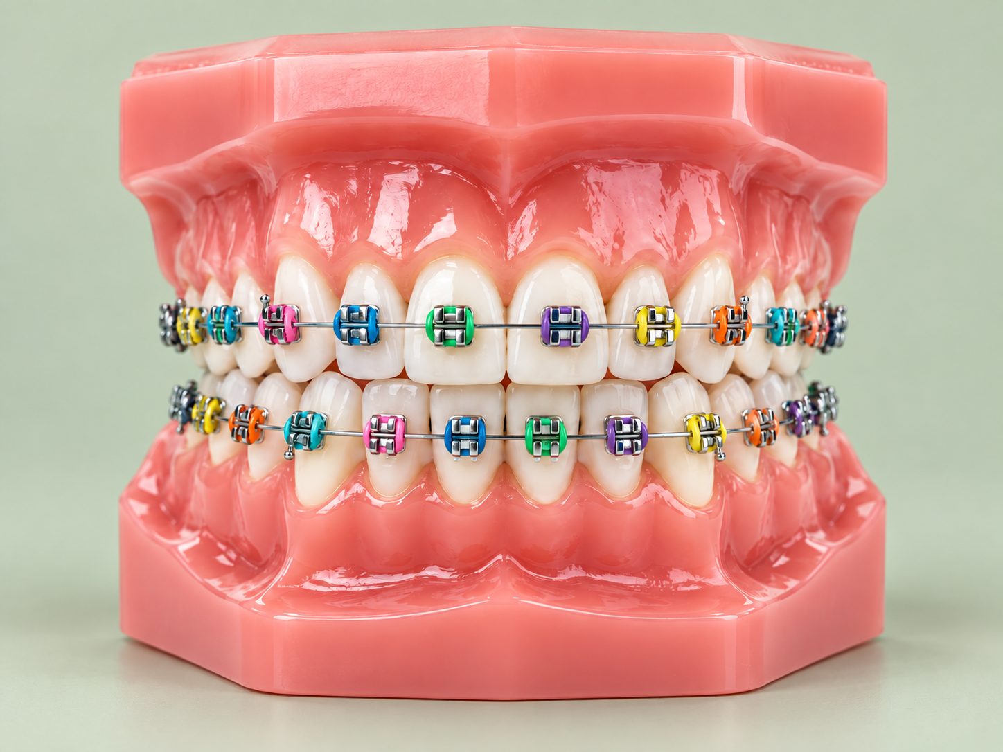 Illustration of a dental model wearing braces with colourful elastic ties.