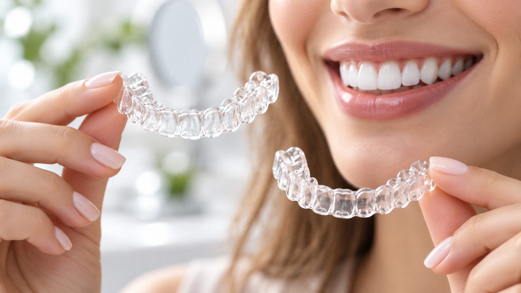 Illustration of a pair of clear aligners held up beside a smile.